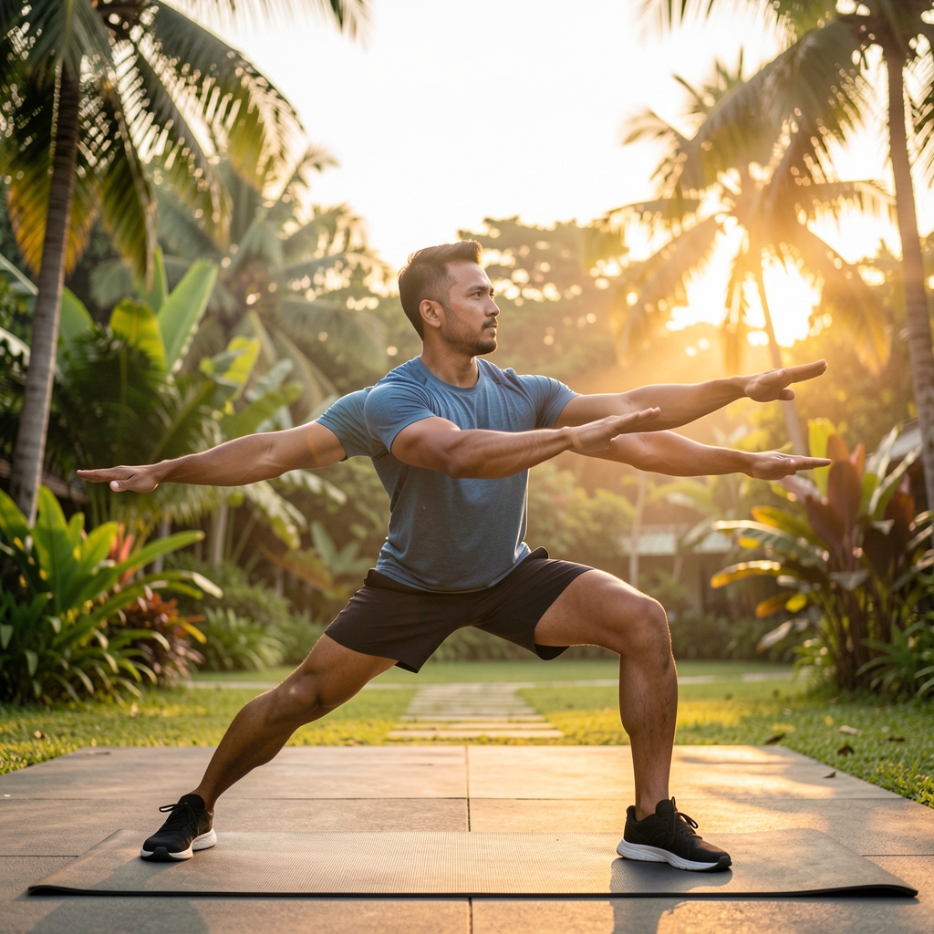 Man in athletic gear performing structured morning calisthenics outdoors in Jakarta at sunrise, surrounded by greenery