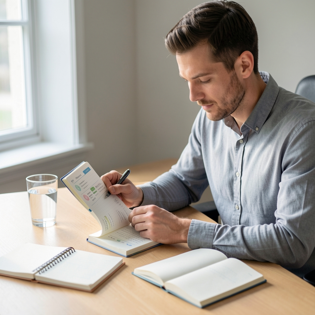 Man reviewing a structured daily wellness journal at a clean wooden desk with a glass of water and notebook in natural morning light