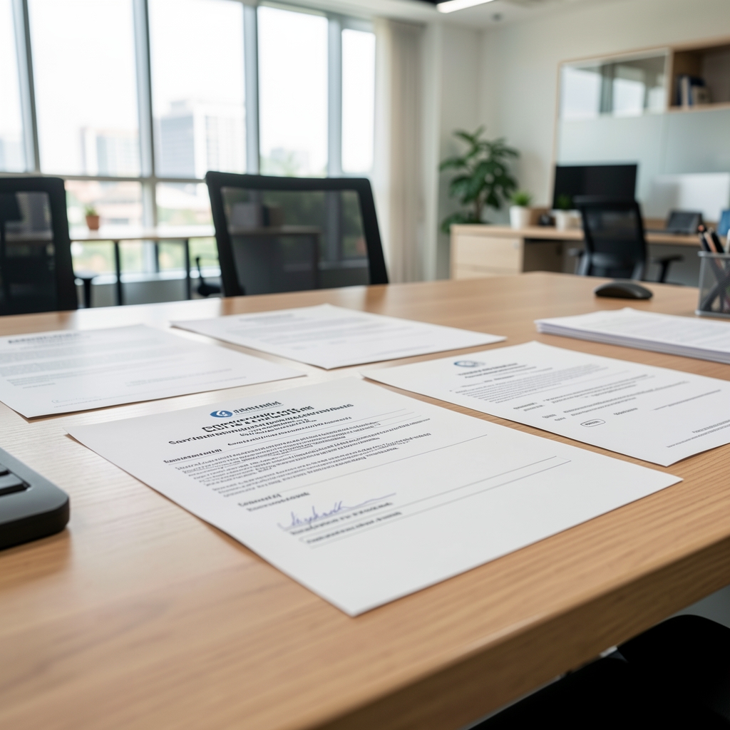 Close-up of printed sourcing certificates and quality documentation laid out on a wooden desk in a bright Jakarta office environment