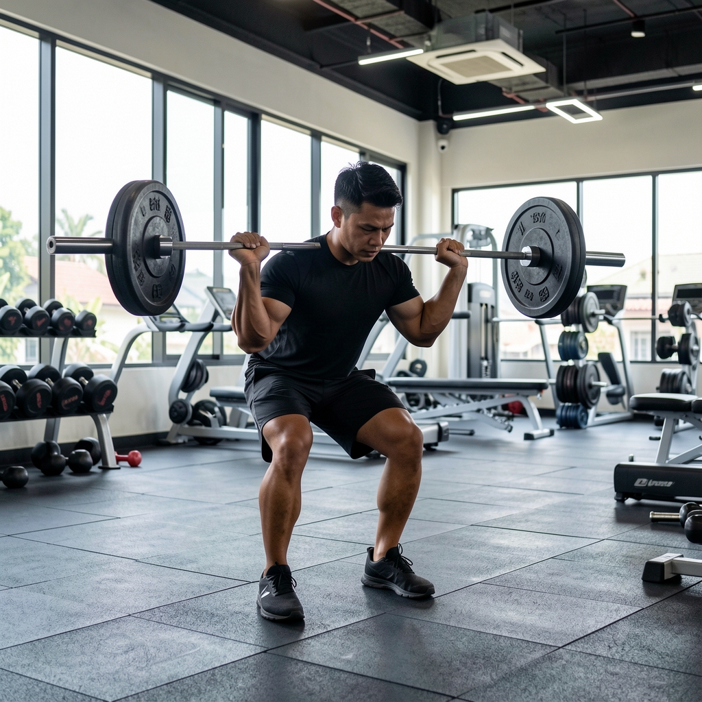 Man performing functional barbell strength training in a well-lit Jakarta gym, focusing on compound lifts with proper form