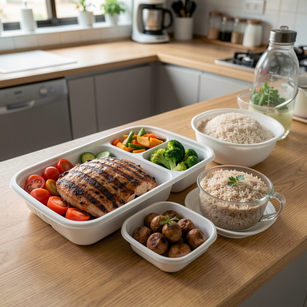 Clean meal prep layout on a wooden kitchen counter in Jakarta — grilled protein, vegetables, brown rice, and measured portions