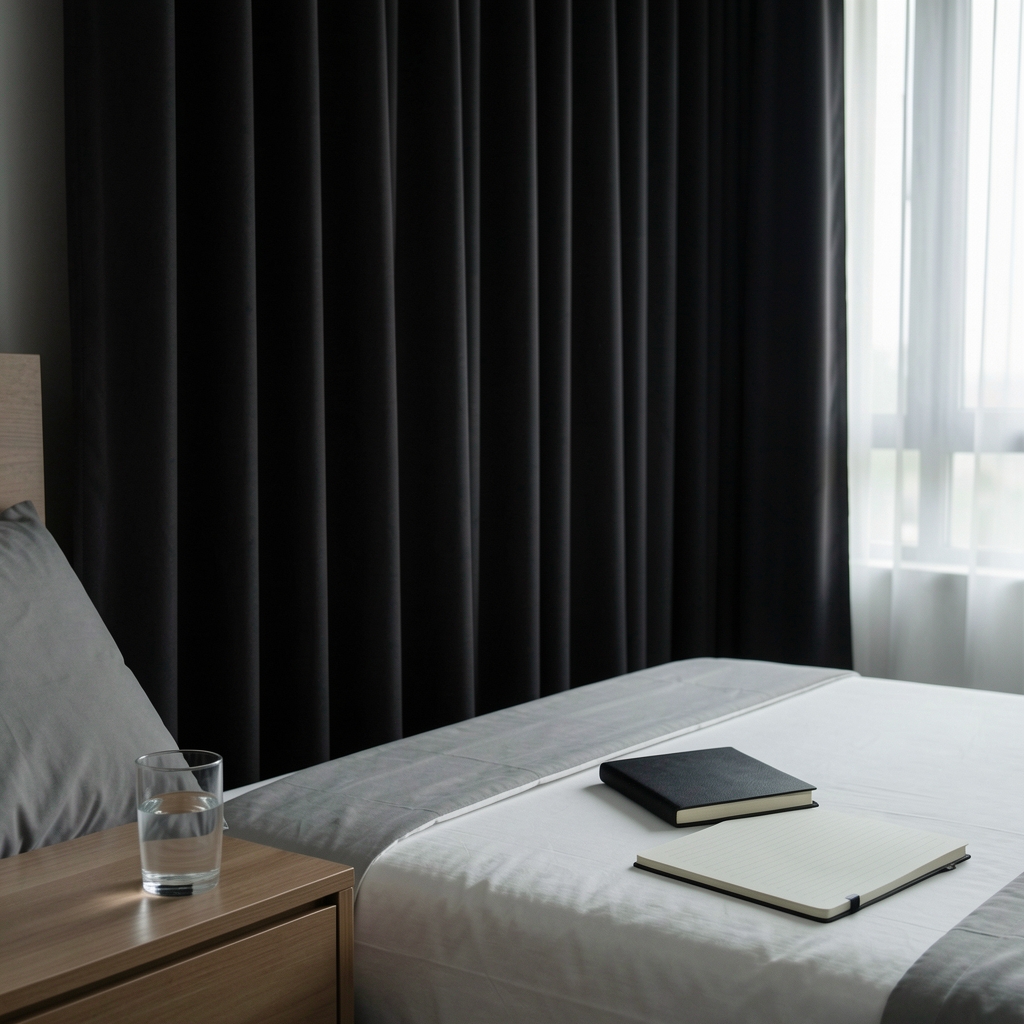 Minimal bedroom setup in Jakarta with blackout curtains, a bedside glass of water, and a journal — representing a structured sleep environment
