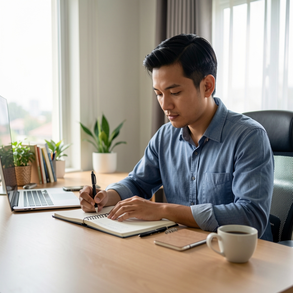 Man sitting at a clean desk in a Jakarta home office, journaling in a notebook with a focused and calm expression in the morning light