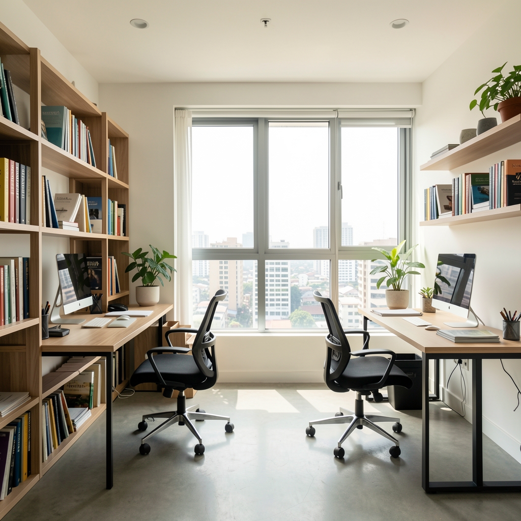 Light-filled editorial workspace in Jakarta with open shelving, research journals, and two desks facing a window