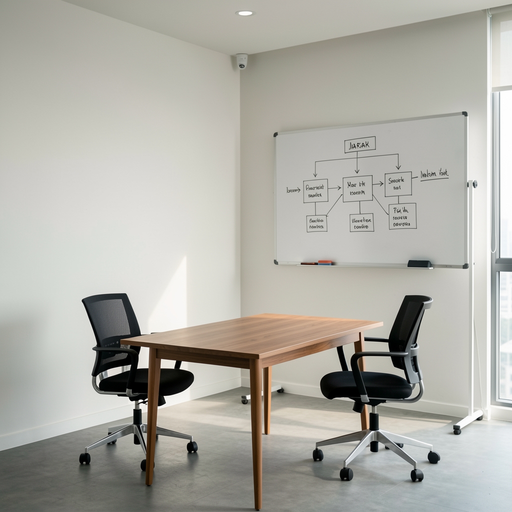 Minimal meeting corner in Jakarta editorial office with two chairs, wooden table, and whiteboard with content framework diagram